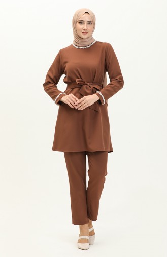 Pearl Detailed Two Piece Suit 70005-03 Brown 70005-03