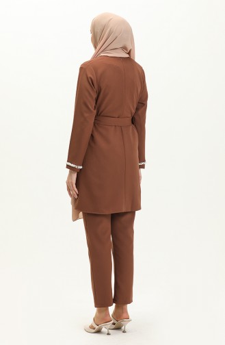 İnci Detaylı Tunik Pantolon ikili Takım 70005-03 Kahverengi