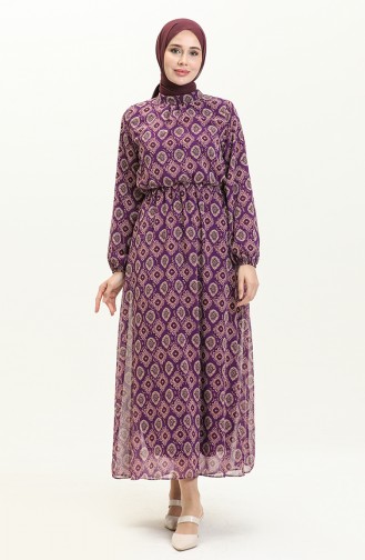 Desenli Şifon Elbise 4235-01 Mor
