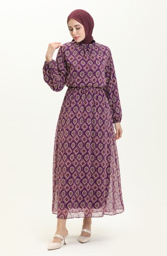 Desenli Şifon Elbise 4235-01 Mor