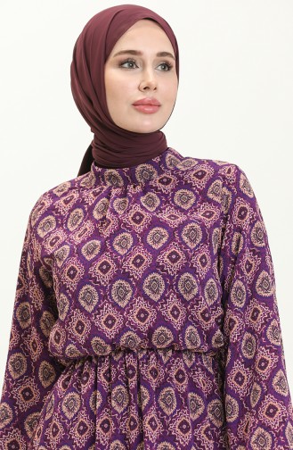 Desenli Şifon Elbise 4235-01 Mor