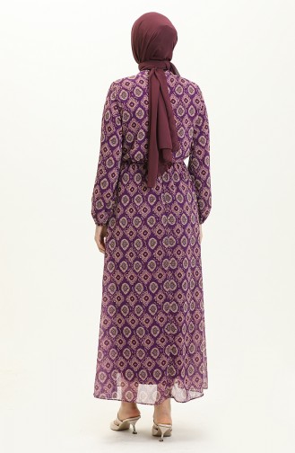 Desenli Şifon Elbise 4235-01 Mor