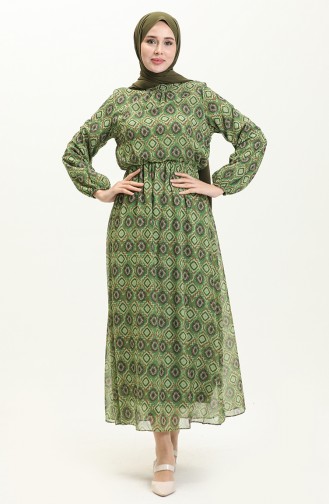 Desenli Şifon Elbise 4235-03 Yeşil