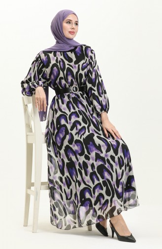 Printed Belted Dress 4338a-02 Black Purple 4338A-02