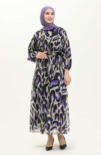 Printed Belted Dress 4338a-02 Black Purple 4338A-02