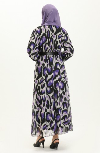 Printed Belted Dress 4338a-02 Black Purple 4338A-02