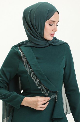 Zincir Detaylı Fırfırlı Elbise 4274-01 Zümrüt Yeşili