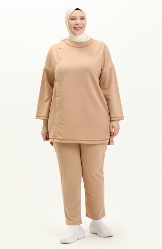 Plus Size Sewing Detailed Tracksuit Set 12008-01 Beige 12008-01