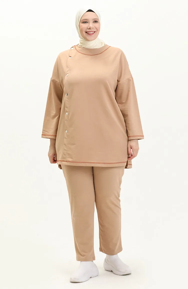 Plus Size Sewing Detailed Tracksuit Set 12008-01 Beige 12008-01