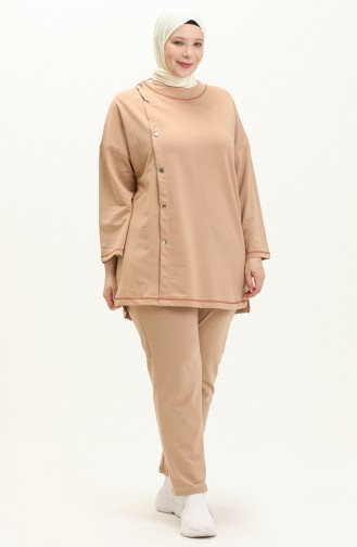 Plus Size Sewing Detailed Tracksuit Set 12008-01 Beige 12008-01