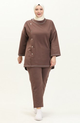 Plus Size Sewing Detailed Tracksuit Set 12008-04 Brown 12008-04