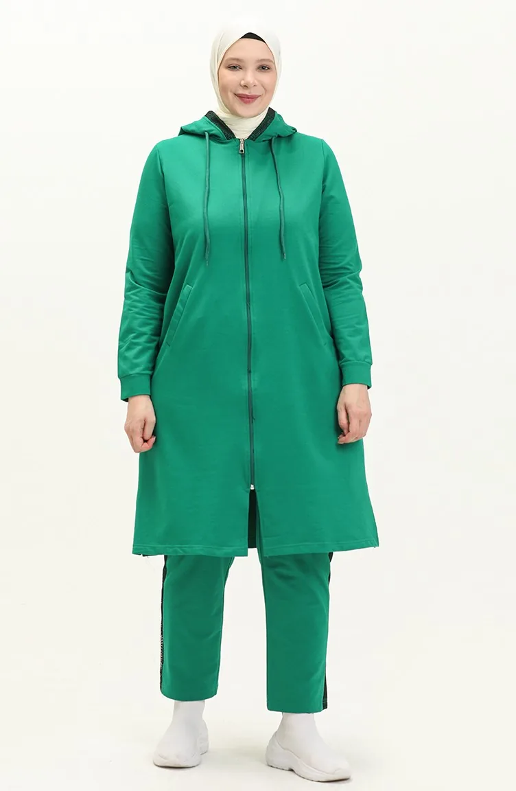 Plus Size Mesh Detailed Tracksuit Set 12010-04 Green 12010-04