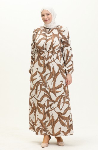 Printed Linen Dress 1015-01 Cream Brown 1015-01