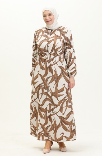 Gemustertes Leinenkleid 1015-01 Creme Braun 1015-01