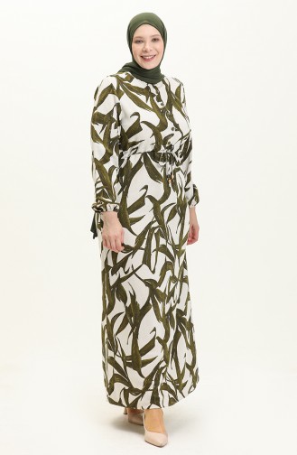 Gemustertes Leinenkleid 1015-02 Creme-Khaki 1015-02