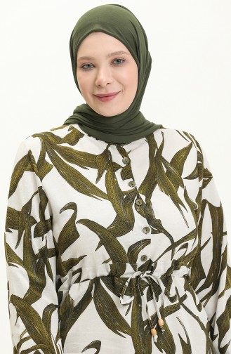 Gemustertes Leinenkleid 1015-02 Creme-Khaki 1015-02