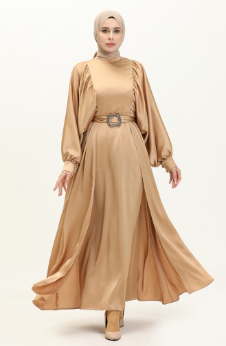 Balon Kol Saten Abiye Elbise 6020-01 Camel
