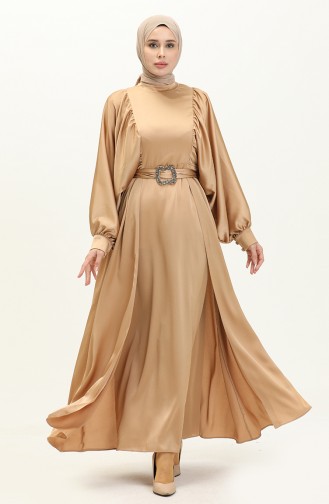 Satin Abendkleid mit Ballonärmeln 6020-01 Camel 6020-01