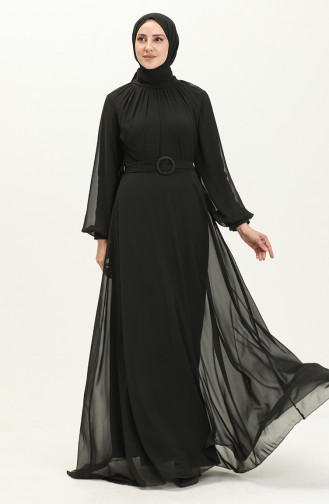 Robe de Soirée en Mousseline Plissée 5502-02 Noir 5502-02