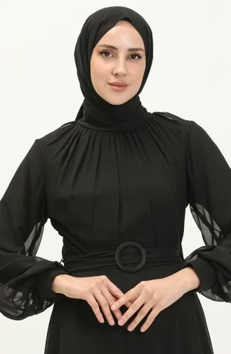 Robe de Soirée en Mousseline Plissée 5502-02 Noir 5502-02