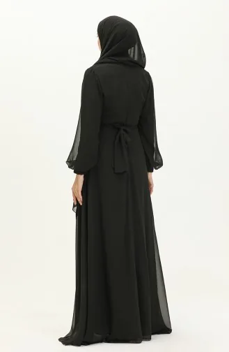 Robe de Soirée en Mousseline Plissée 5502-02 Noir 5502-02