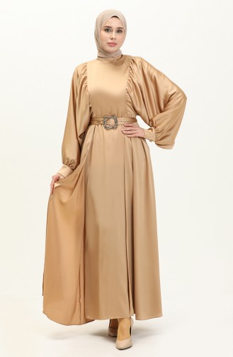 Balon Kol Saten Abiye Elbise 6020-01 Camel
