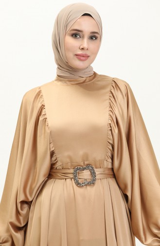 Balon Kol Saten Abiye Elbise 6020-01 Camel