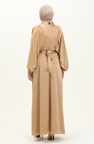 Balon Kol Saten Abiye Elbise 6020-01 Camel