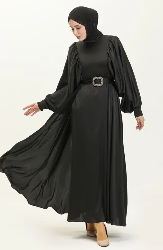Robe De Soirée Satin Manches Ballon 6020-03 Noir 6020-03