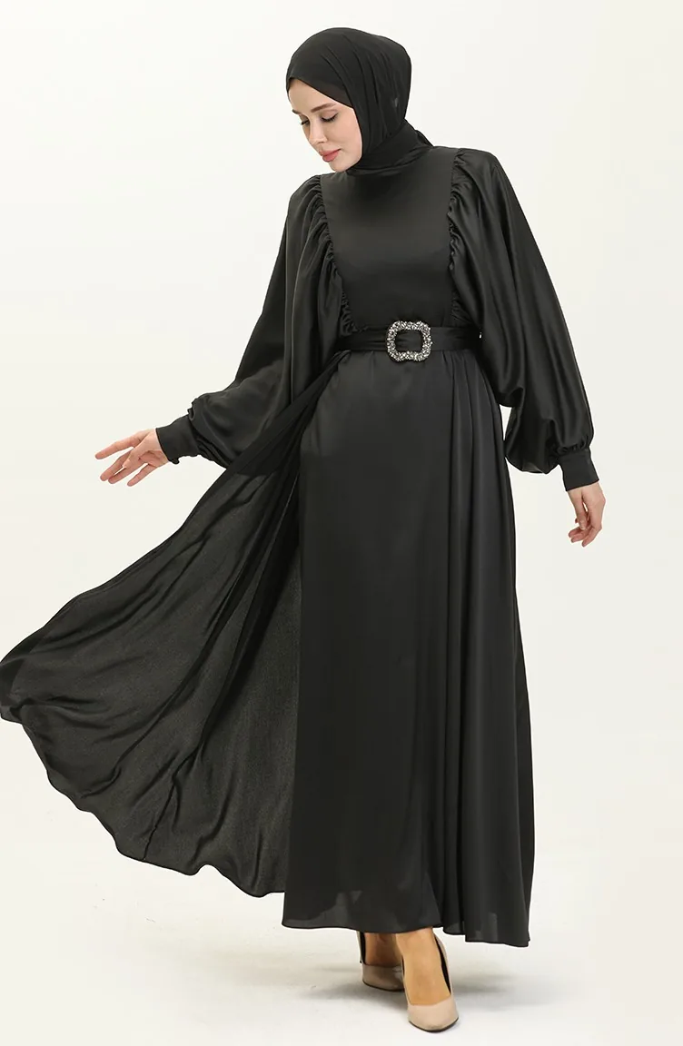 Robe De Soirée Satin Manches Ballon 6020-03 Noir 6020-03