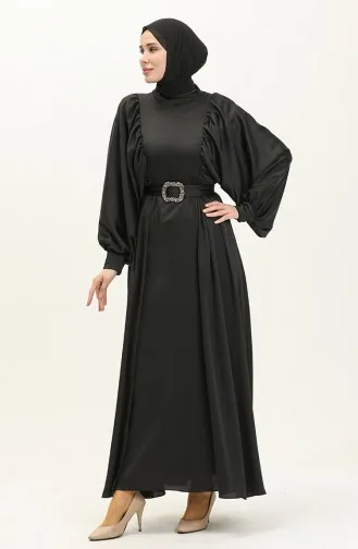 Robe De Soirée Satin Manches Ballon 6020-03 Noir 6020-03