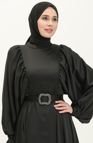 فستان سهرة ساتان بأكمام بالون 6020-03 أسود 6020-03