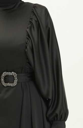 Balon Kol Saten Abiye Elbise 6020-03 Siyah
