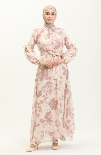 Balloon Sleeve Printed Chiffon Dress 81843-01 Mink 81843-01