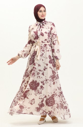 Balloon Sleeve Printed Chiffon Dress 81843-02 Purple 81843-02