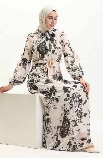 Balloon Sleeve Printed Chiffon Dress 81843-03 Black 81843-03