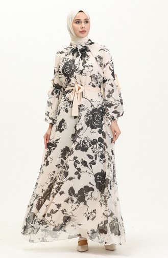 Balloon Sleeve Printed Chiffon Dress 81843-03 Black 81843-03