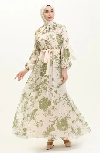 Robe en Mousseline à Motifs et Manches Ballon 81843-04 Vert 81843-04