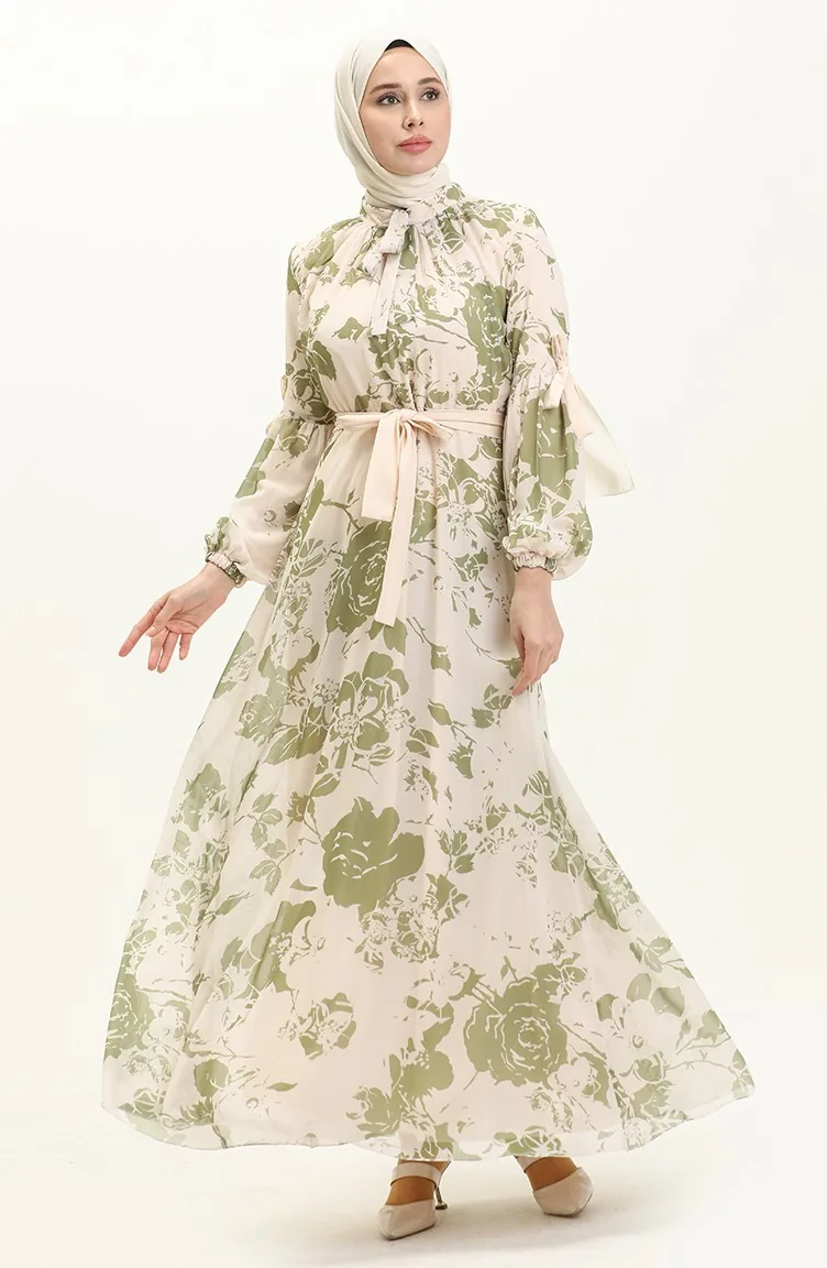 Robe en Mousseline à Motifs et Manches Ballon 81843-04 Vert 81843-04