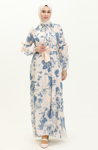 Balloon Sleeve Printed Chiffon Dress 81843-05 Indigo 81843-05