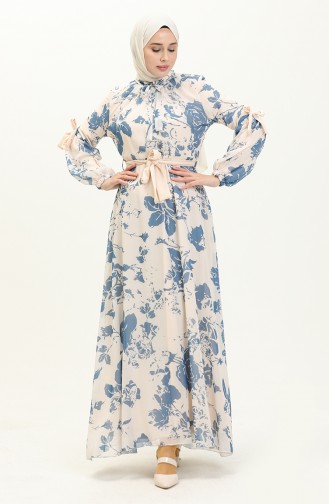 Balloon Sleeve Printed Chiffon Dress 81843-05 Indigo 81843-05