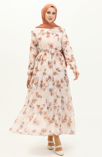 Floral Print Belted Chiffon Dress 91835-01 Cream Brown 91835-01