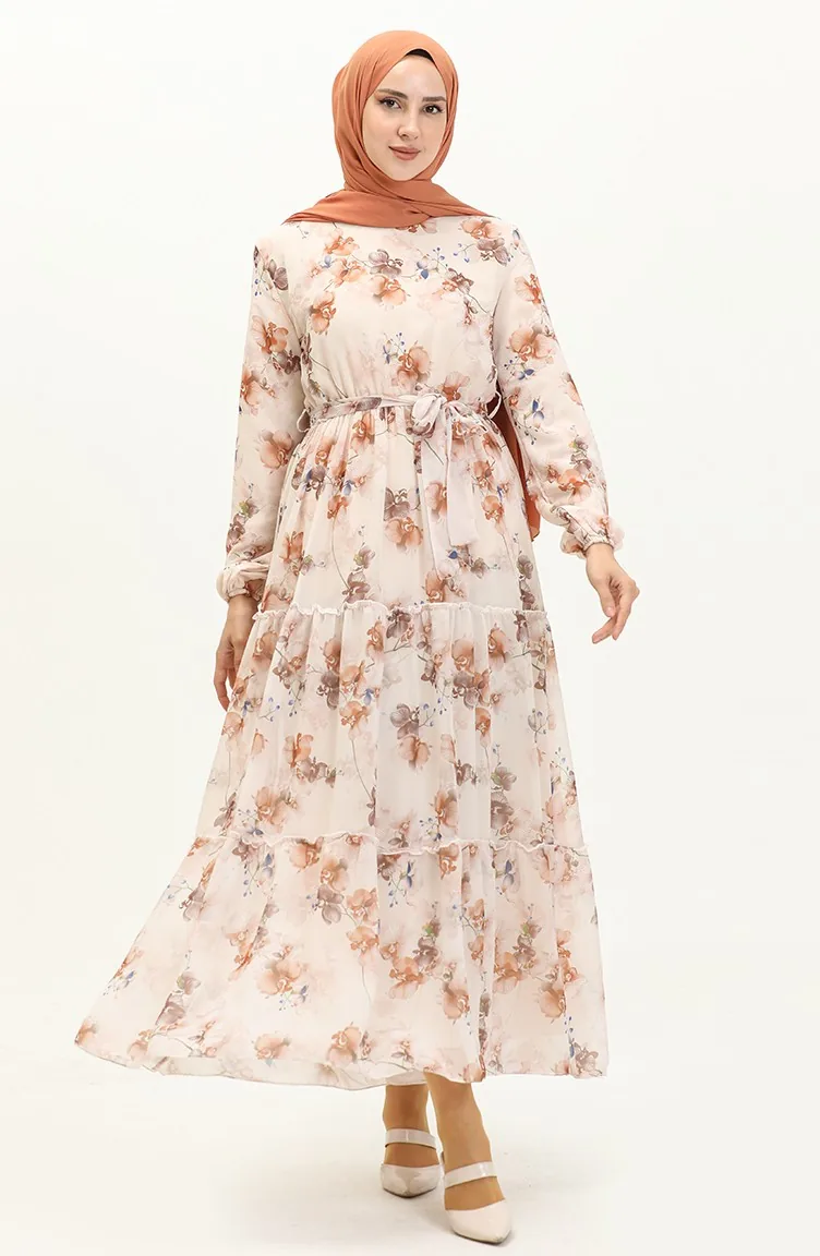 Floral gemustertes Chiffonkleid mit Gürtel 91835-01 Creme Braun 91835-01