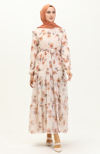 Floral Print Belted Chiffon Dress 91835-01 Cream Brown 91835-01