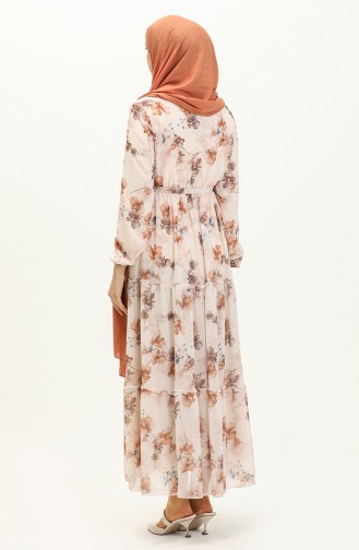 Floral Print Belted Chiffon Dress 91835-01 Cream Brown 91835-01