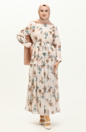 Floral Print Belted Chiffon Dress 91835-02 Cream Oil 91835-02