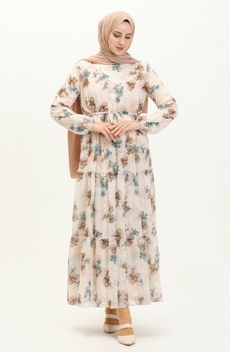 Floral Print Belted Chiffon Dress 91835-02 Cream Oil 91835-02