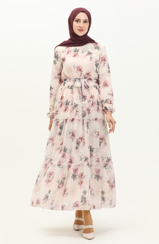 Floral Print Belted Chiffon Dress 91835-03 Cream Dusty Rose 91835-03