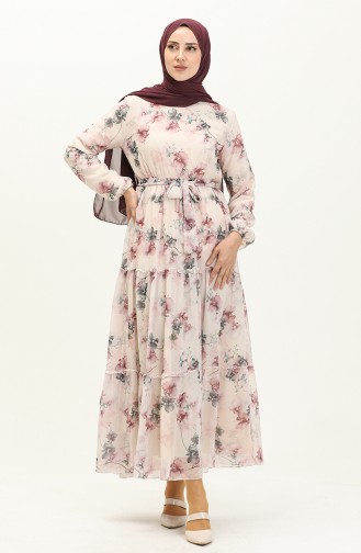 Floral Print Belted Chiffon Dress 91835-03 Cream Dusty Rose 91835-03