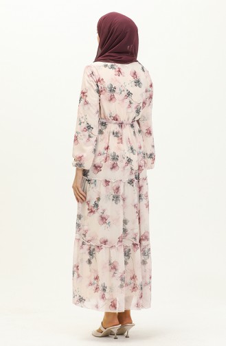 Floral Print Belted Chiffon Dress 91835-03 Cream Dusty Rose 91835-03